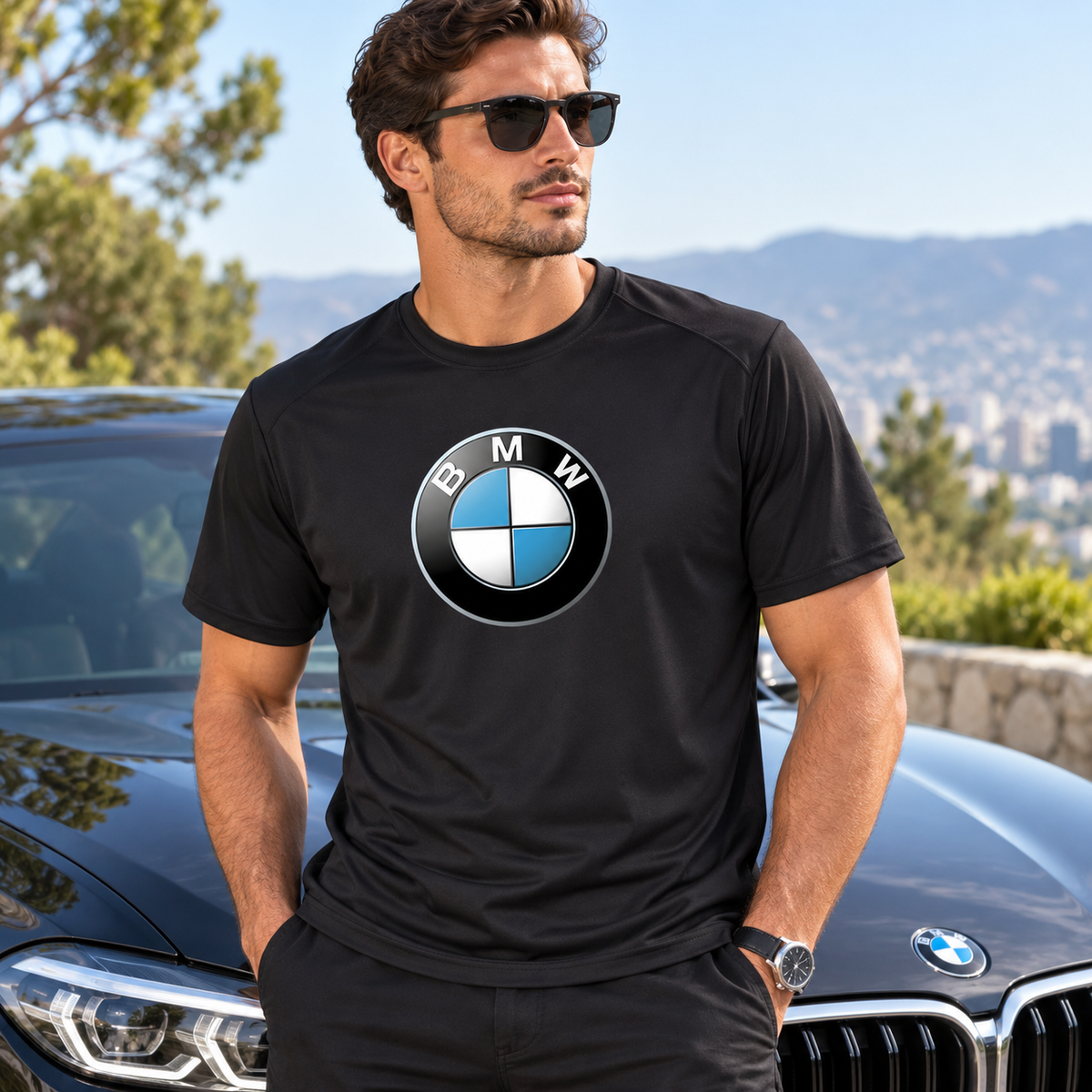 Men’s BMW Motorsports Car Polyester T-Shirt | Color: Black | Image 1
