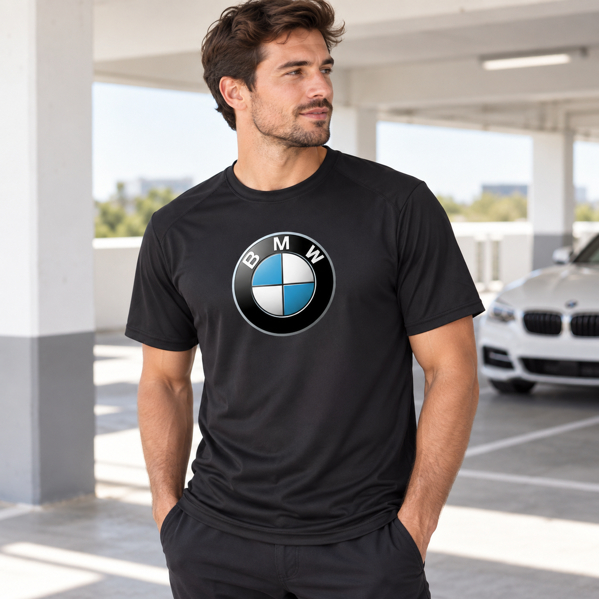 Men’s BMW Motorsports Car Polyester T-Shirt | Color: Black | Image 3