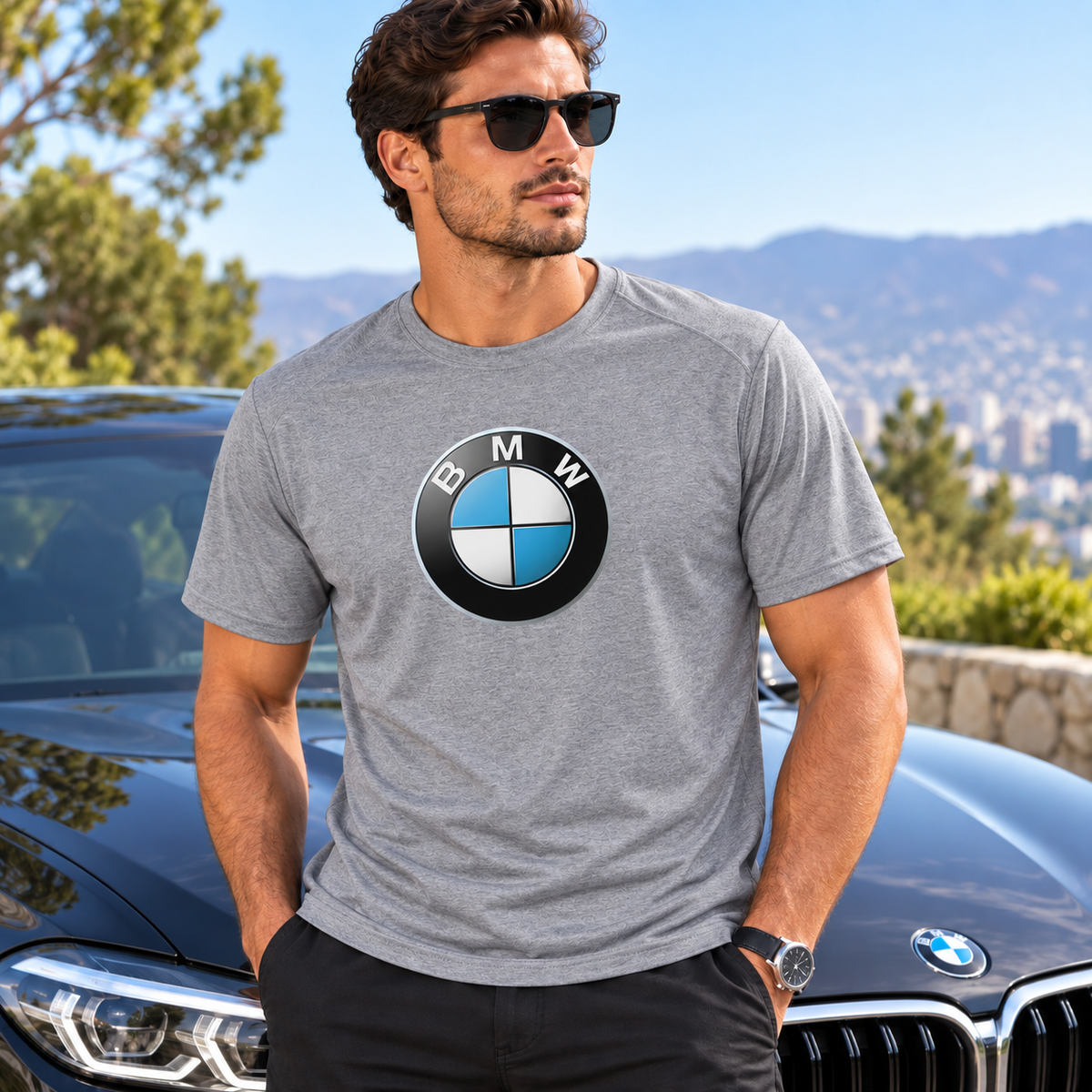 Men’s BMW Motorsports Car Polyester T-Shirt | Color: Grey | Image 1