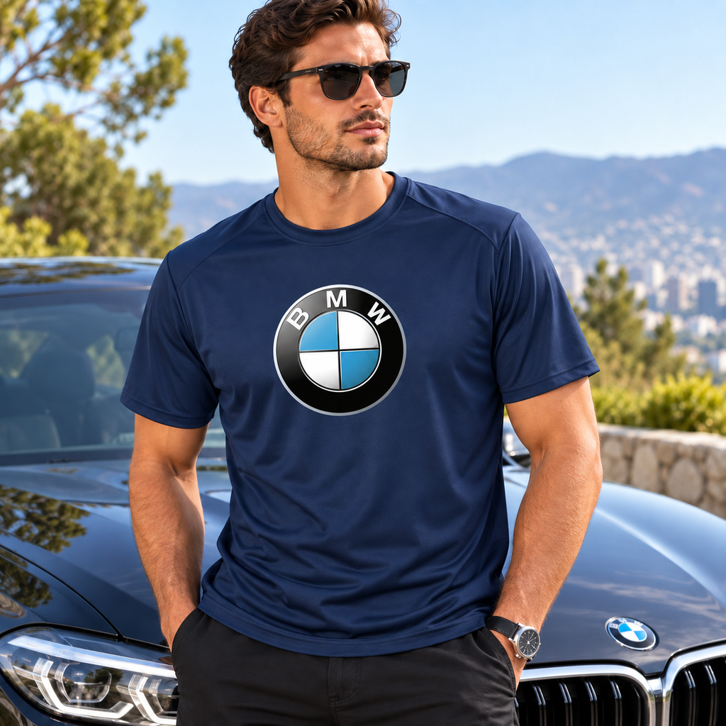 Men’s BMW Motorsports Car Polyester T-Shirt | Color: Navy | Image 1