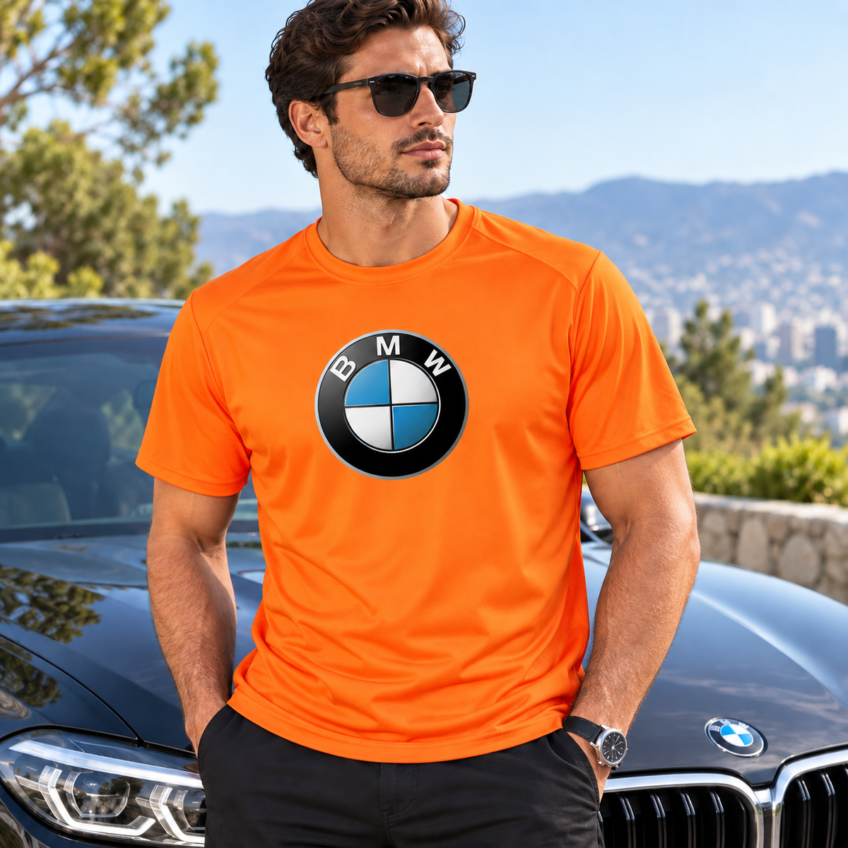 Men’s BMW Motorsports Car Polyester T-Shirt | Color: Orange | Image 1