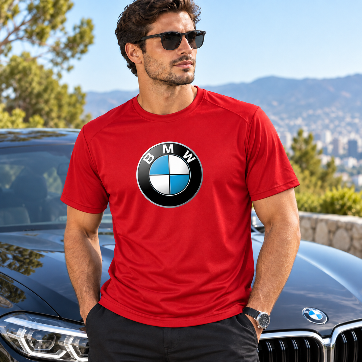 Men’s BMW Motorsports Car Polyester T-Shirt | Color: Red | Image 1