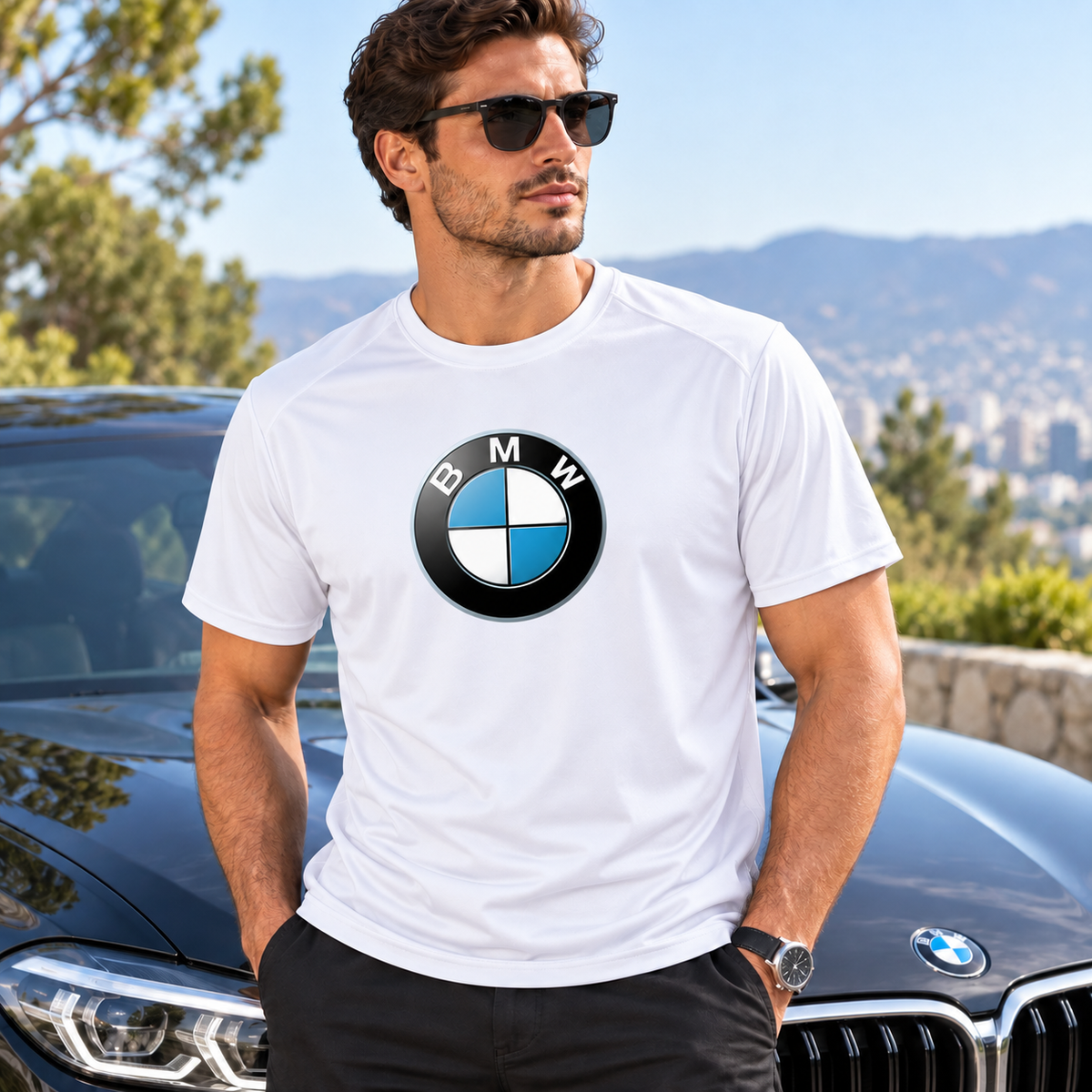 Men’s BMW Motorsports Car Polyester T-Shirt | Color: White | Image 1