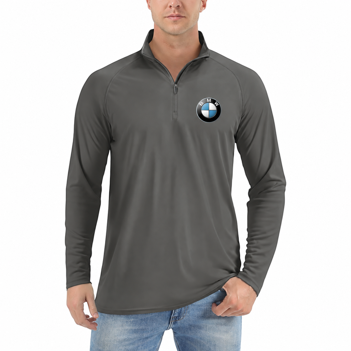 BMW quarter-zip Dark Grey front left-chest heat transfer