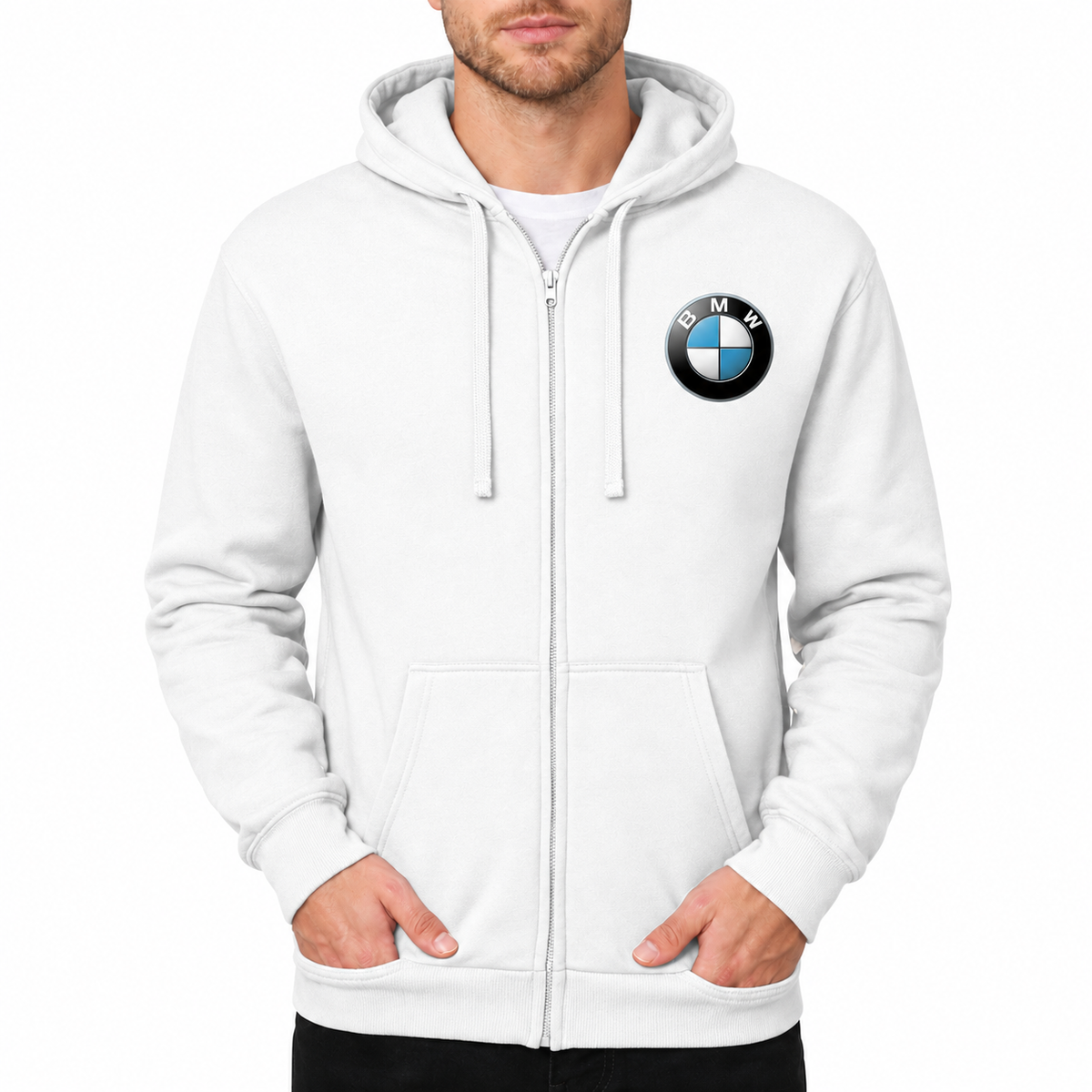 BMW White zipper hoodie front left chest heat transfer