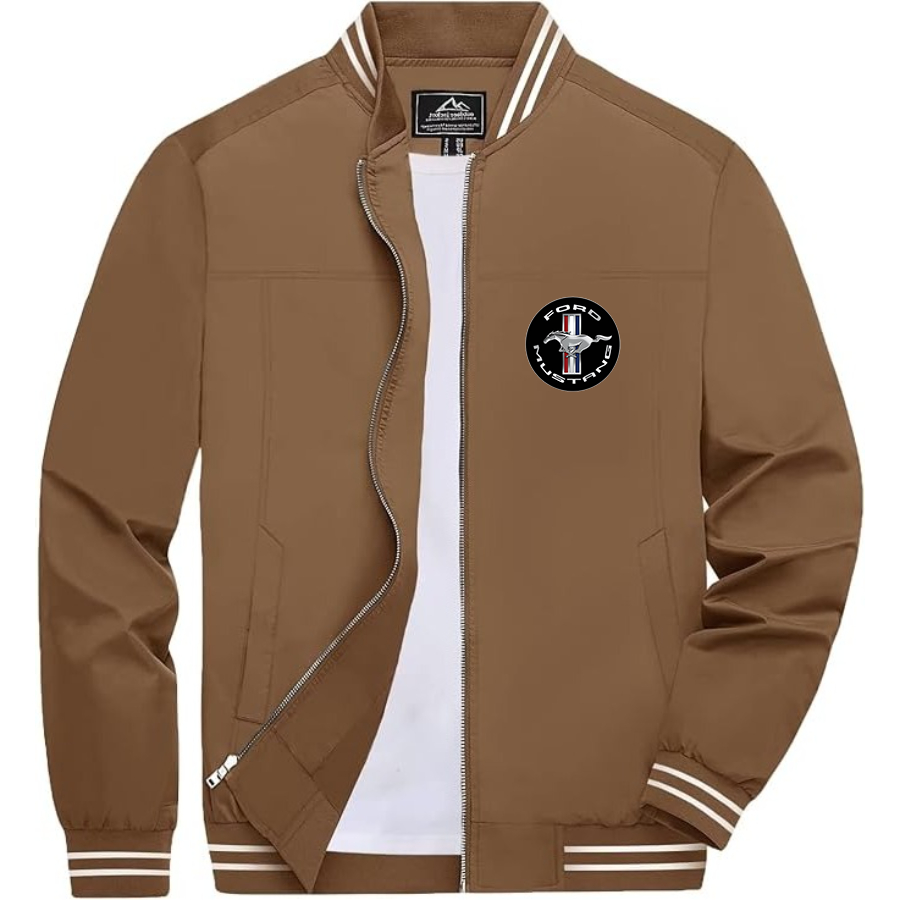 Men’s Ford Mustang Motorsport Supercars Lightweight Zip-Up Bomber Jacket with Ribbed Collar and Cuffs - Versatile Casual Outerwear