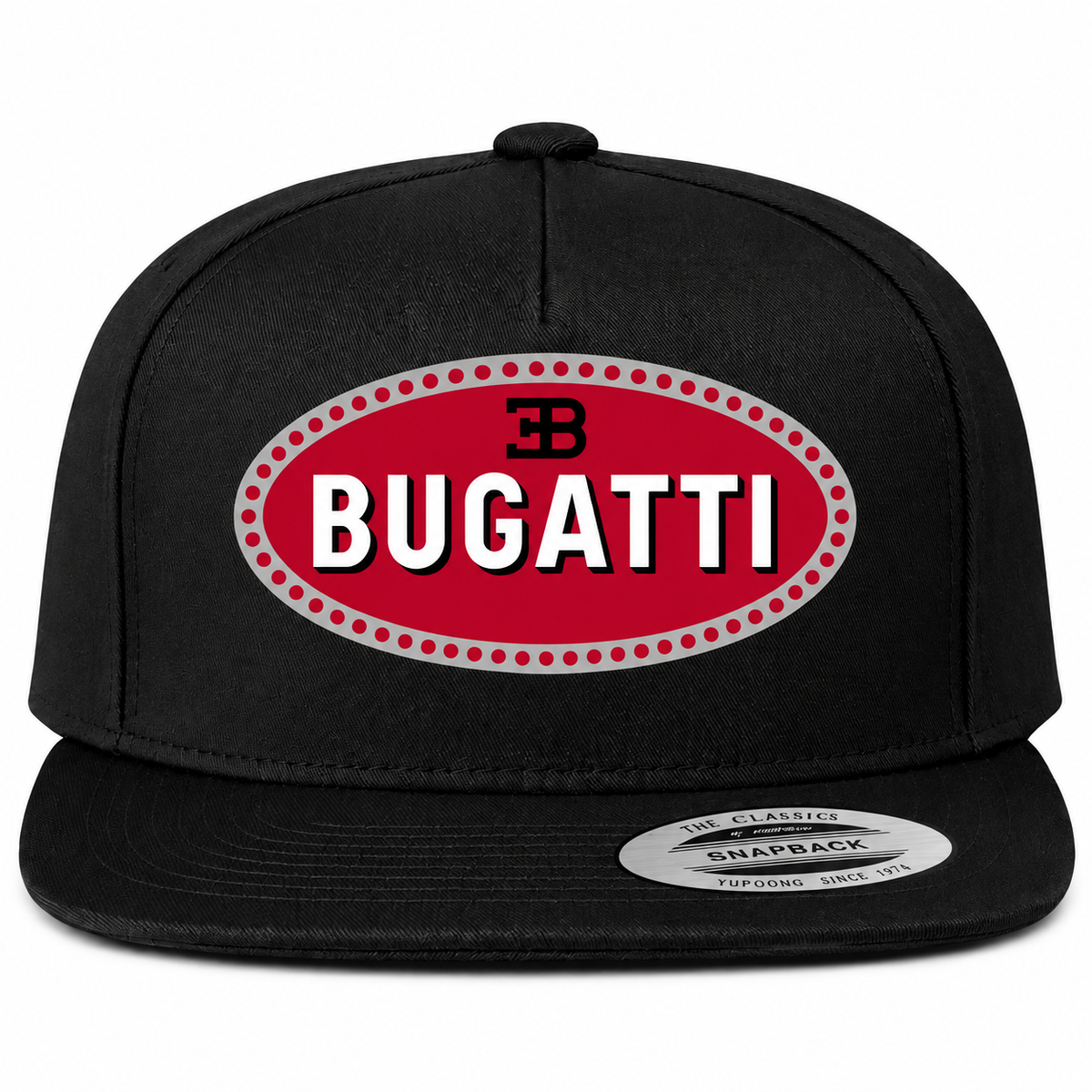 Bugatti snapback Black front centered heat transfer