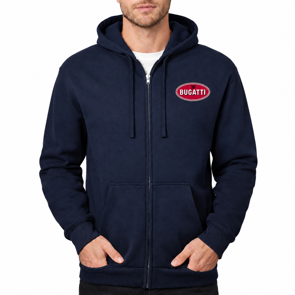 Bugatti zipper hoodie Navy front left chest heat transfer