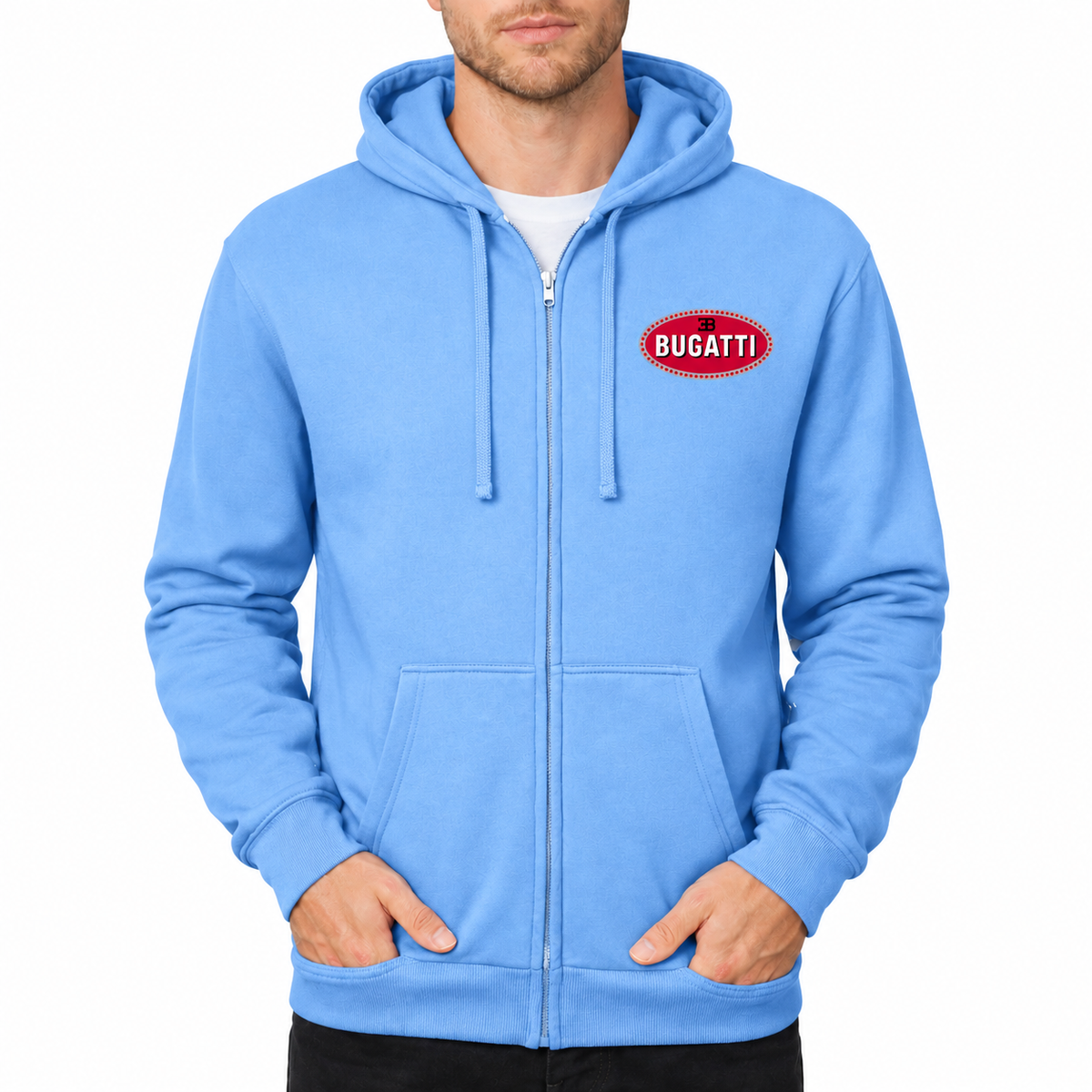 Bugatti zipper hoodie Sky Blue front left chest heat transfer