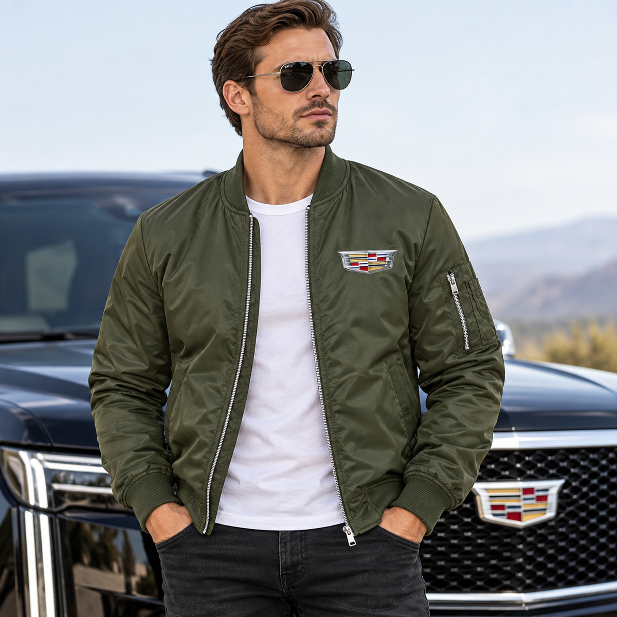 Men’s Cadillac Car Lightweight Bomber Jacket | Color: Army Green | Image 1