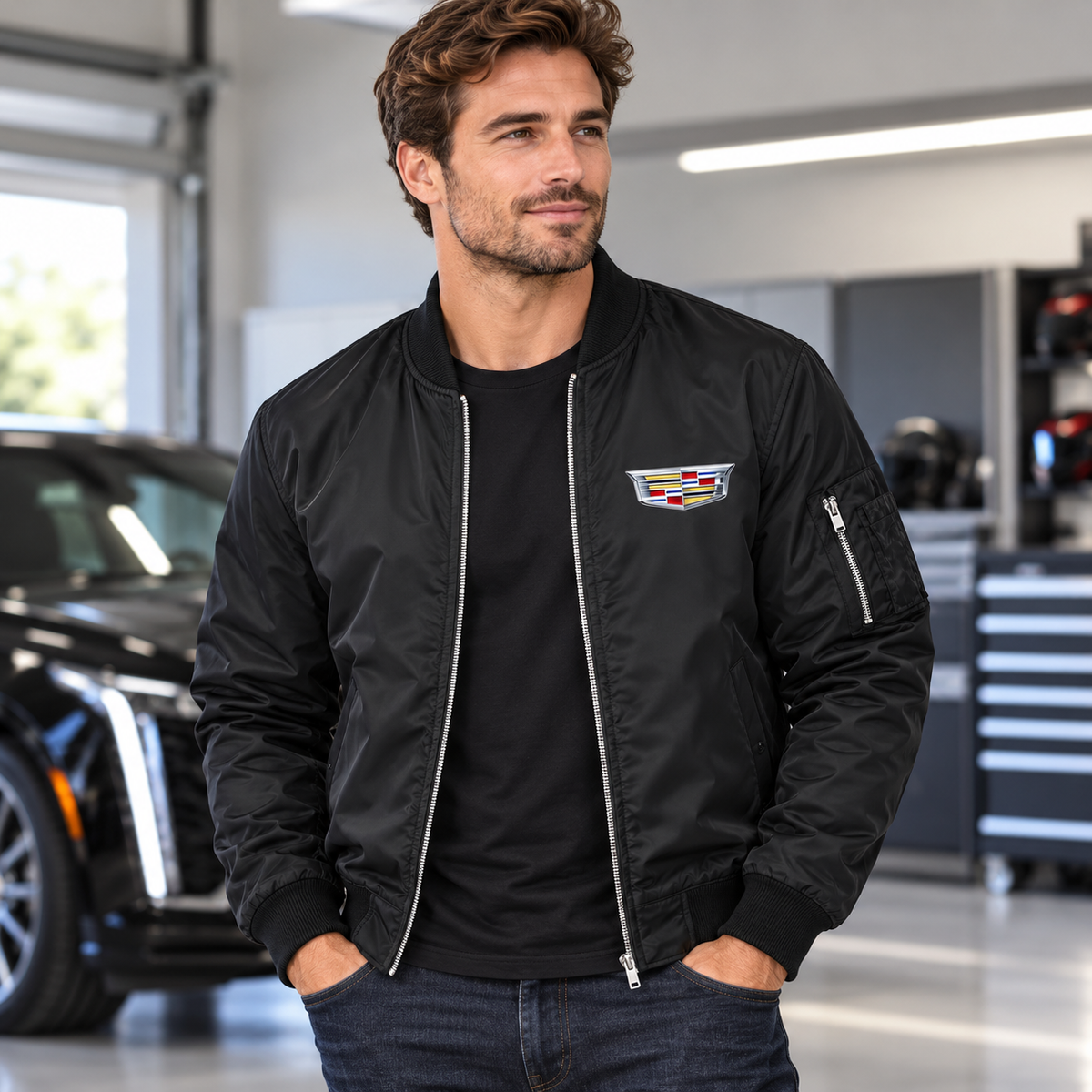 Men’s Cadillac Car Lightweight Bomber Jacket | Color: Black | Image 5