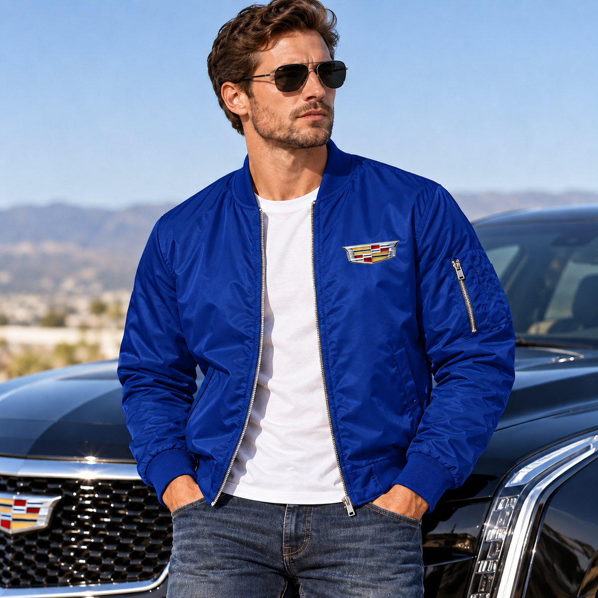 Men’s Cadillac Car Lightweight Bomber Jacket | Color: Blue | Image 1