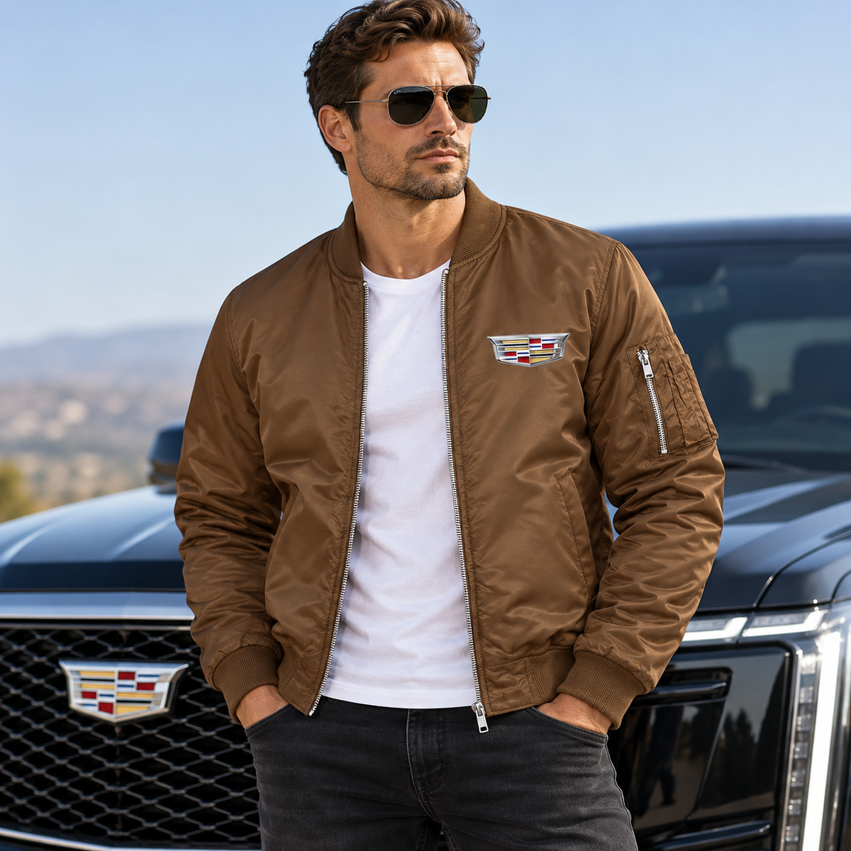 Men’s Cadillac Car Lightweight Bomber Jacket | Color: Brown | Image 1
