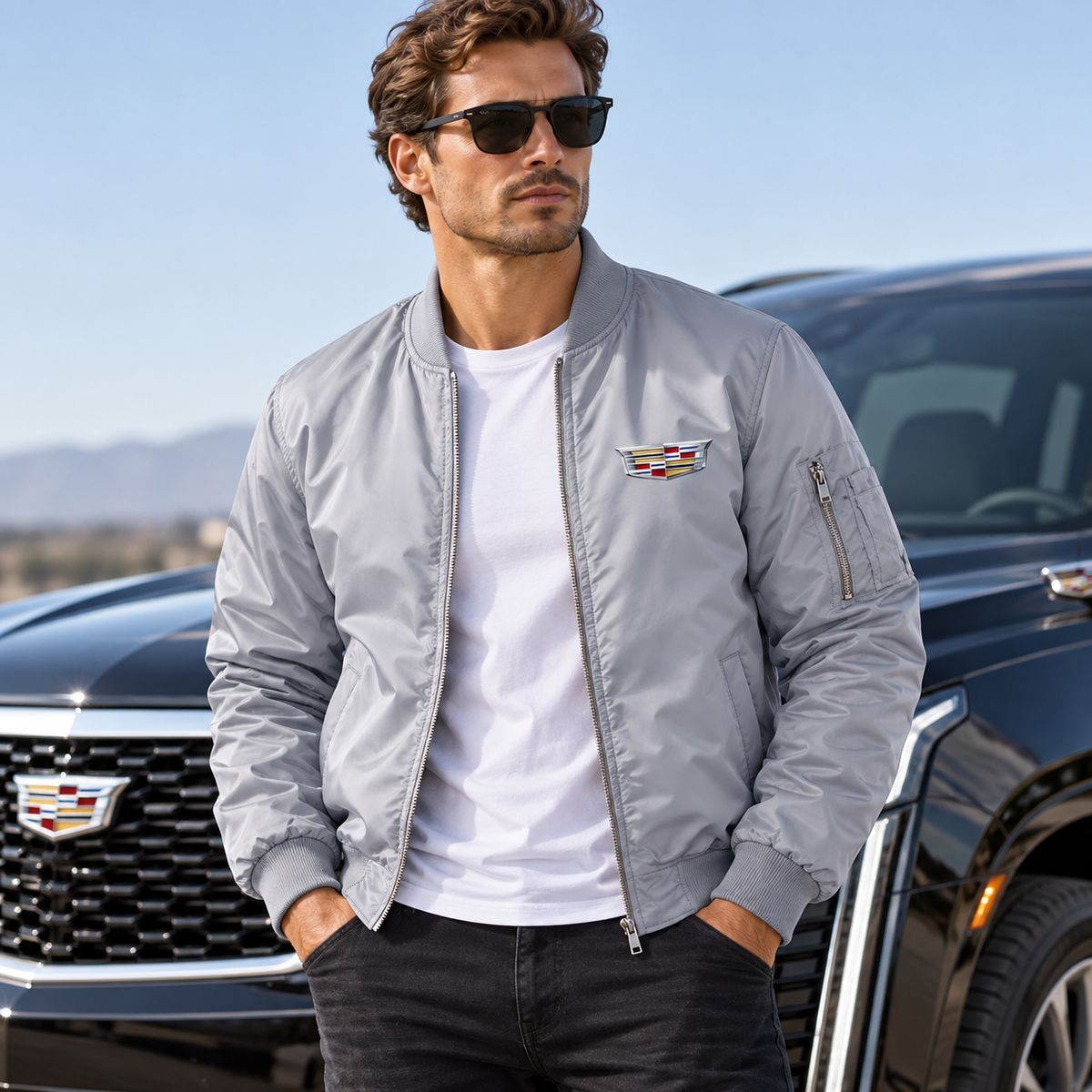 Men’s Cadillac Car Lightweight Bomber Jacket | Color: Grey | Image 1