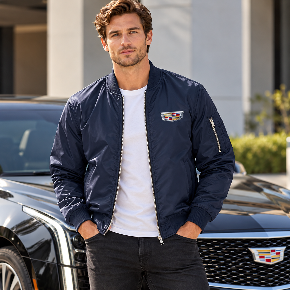 Men’s Cadillac Car Lightweight Bomber Jacket | Color: Navy | Image 1