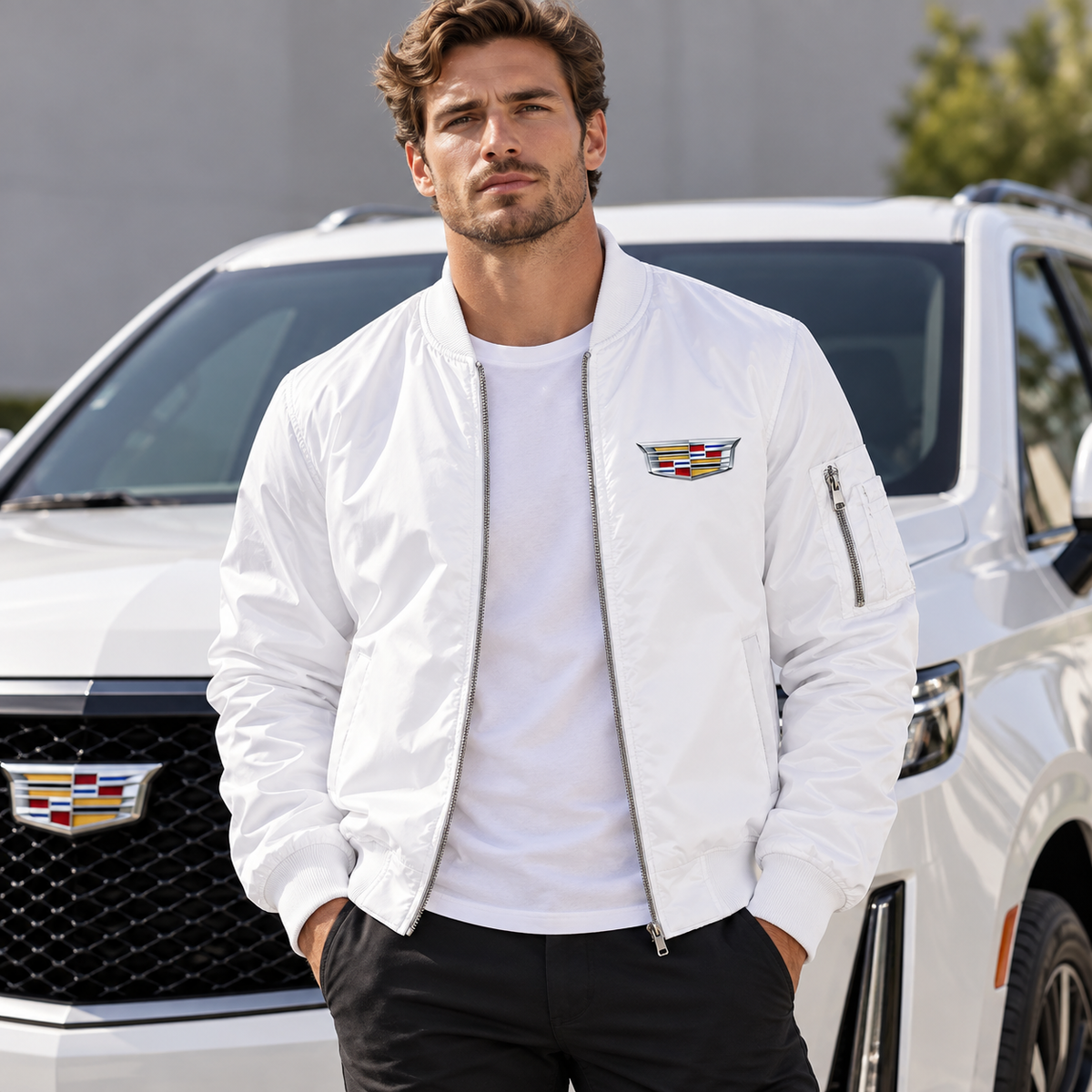 Men’s Cadillac Car Lightweight Bomber Jacket | Color: White | Image 1