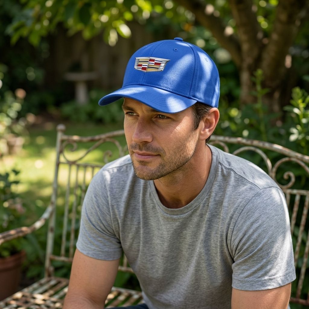 Casually styled adult wearing Cadillac Car Dad Baseball Cap Hat outdoors in a garden, showcasing embroidered logo and buckle closure with natural light.