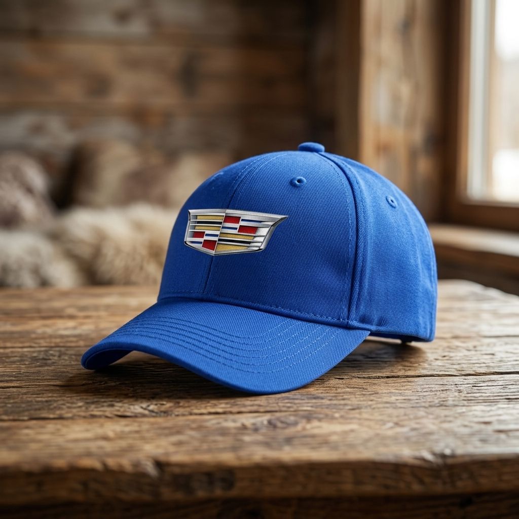 Close-up of Cadillac Car Dad Baseball Cap Hat resting on a textured rustic table, highlighting stitching, fabric weave, and craftsmanship.