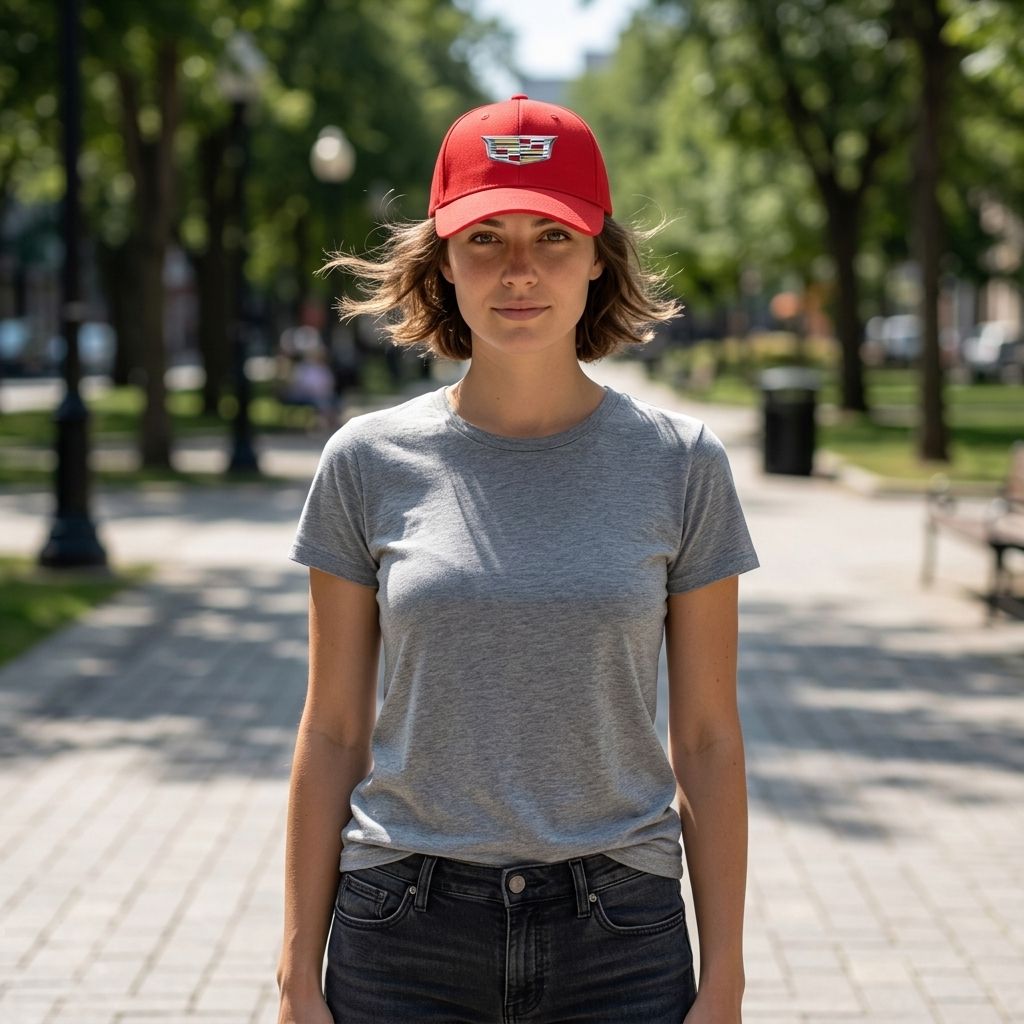 Full-body shot of a Cadillac Car Dad Baseball Cap worn by a model in an outdoor urban scene, showing its fit and size relative to a person.