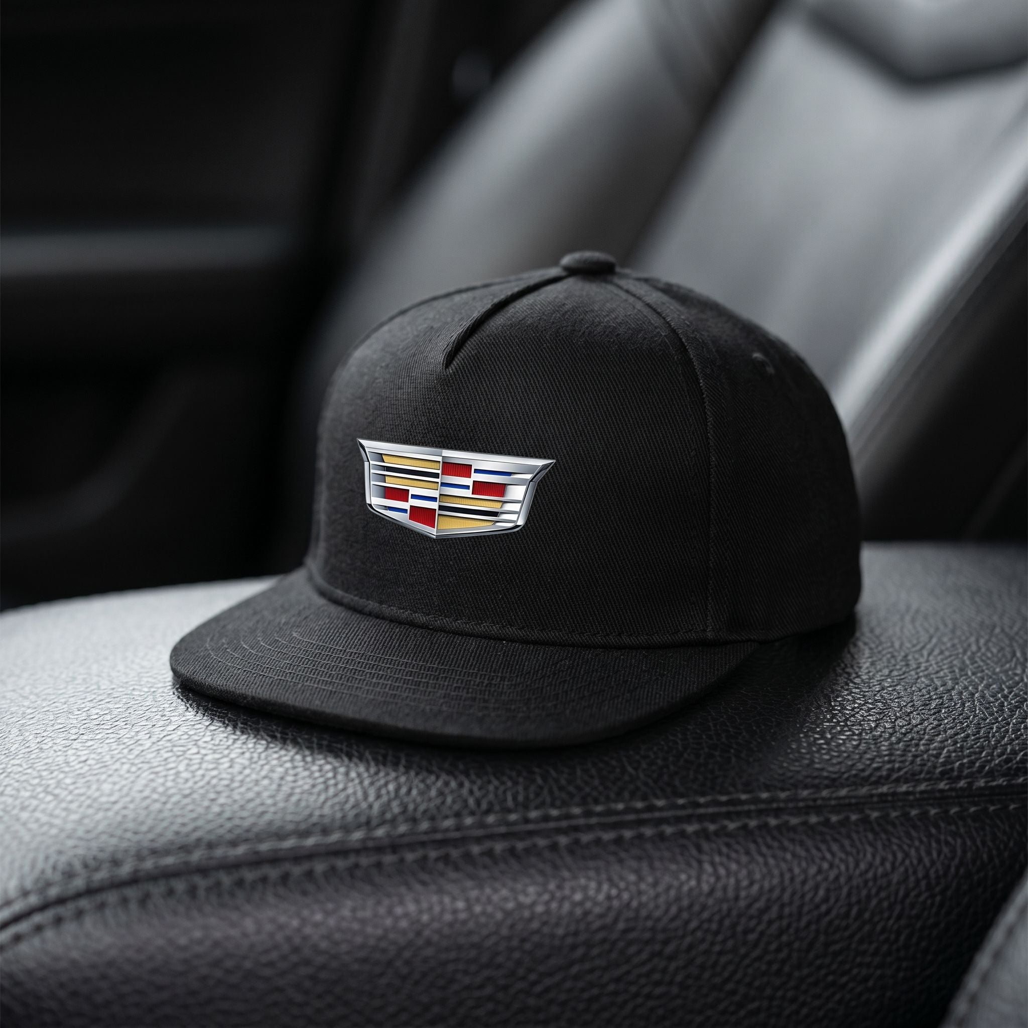 Close-up of small Cadillac Car Snapback Hat on black leather surface, focusing on cotton weave and snapback closure.