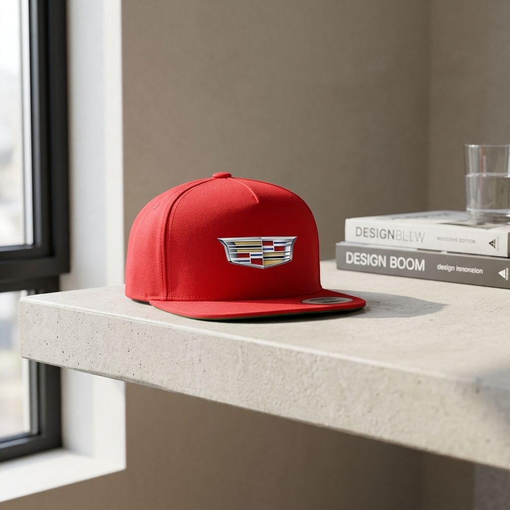 Full view of Cadillac Car Snapback Hat on minimalist concrete shelf showing structure and adjustable snap closure.