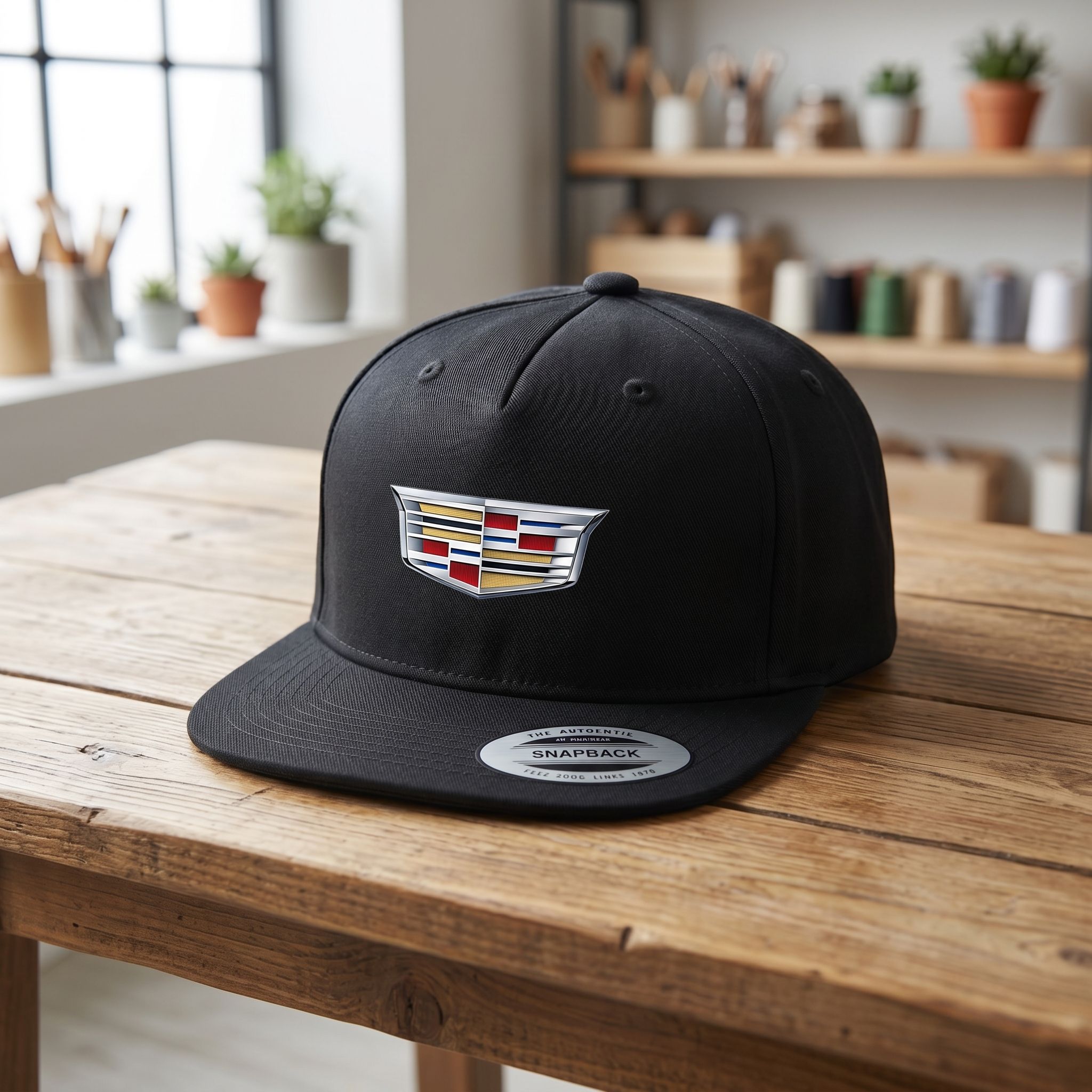 Full-body view of petite Cadillac Car Snapback Hat on wooden table in bright studio, highlighting size and fabric texture.
