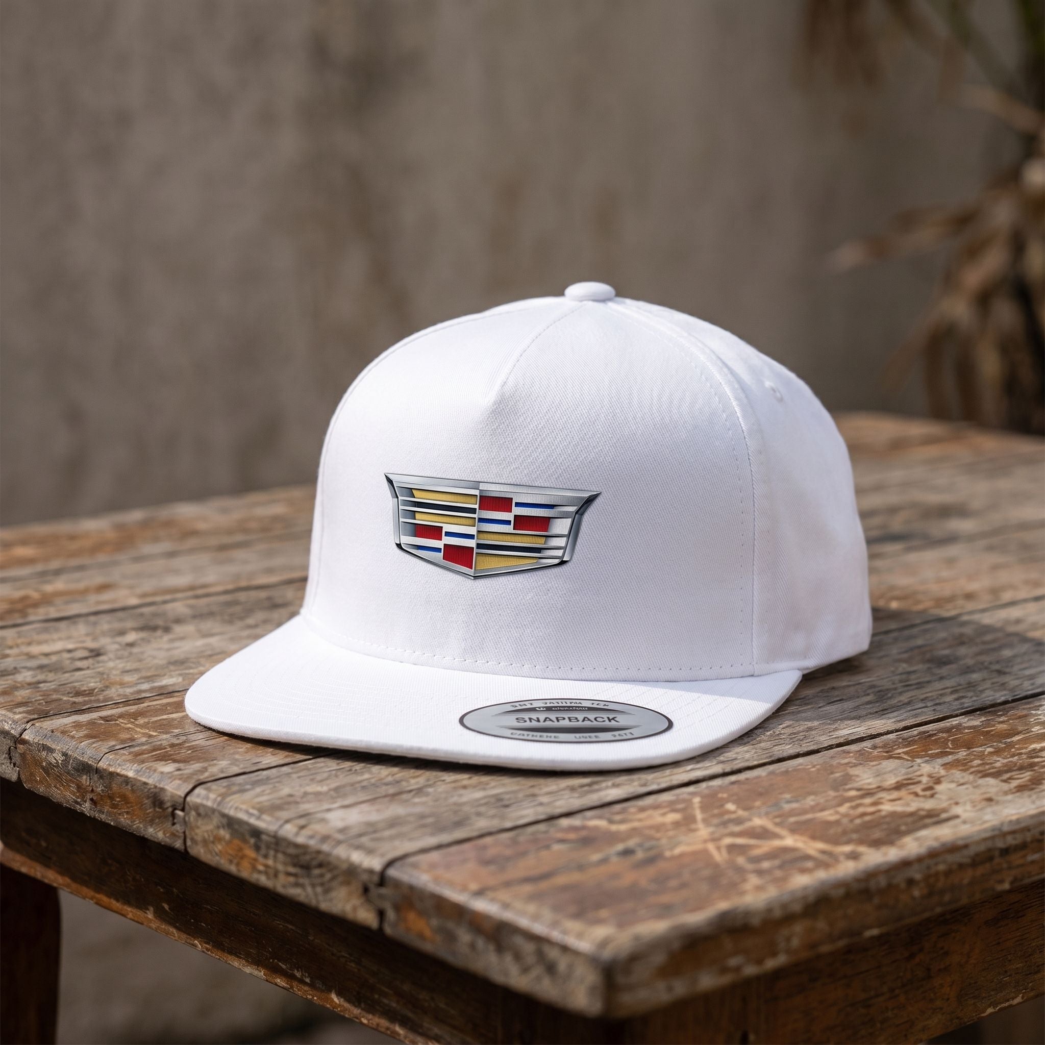 Cadillac Car Snapback Hat, small size, made of 100% cotton, resting on a wooden table in natural daylight with focus on the heat-pressed front.