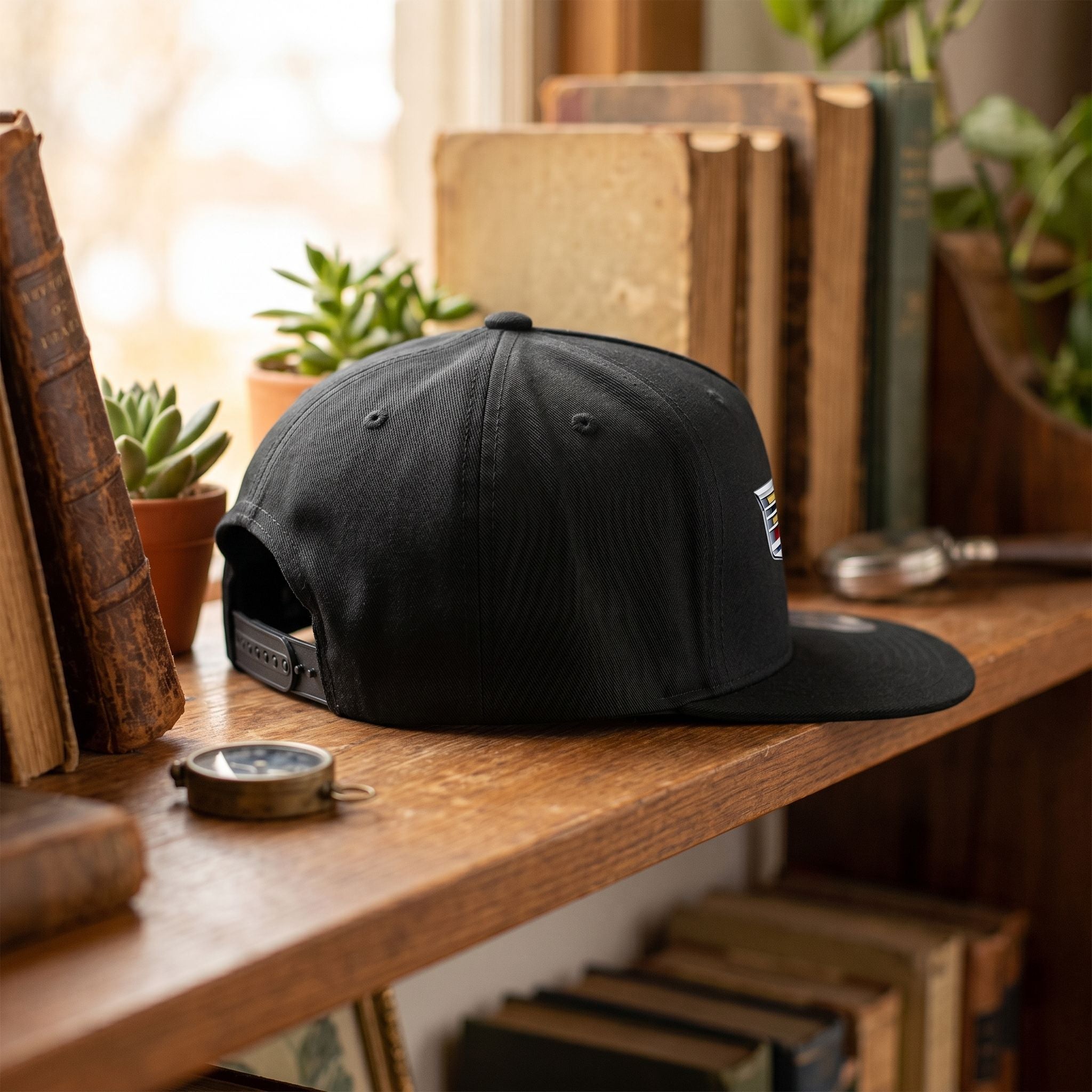 Side profile of small Cadillac Car Snapback Hat on vintage shelf with warm lighting, showing material and proportions.