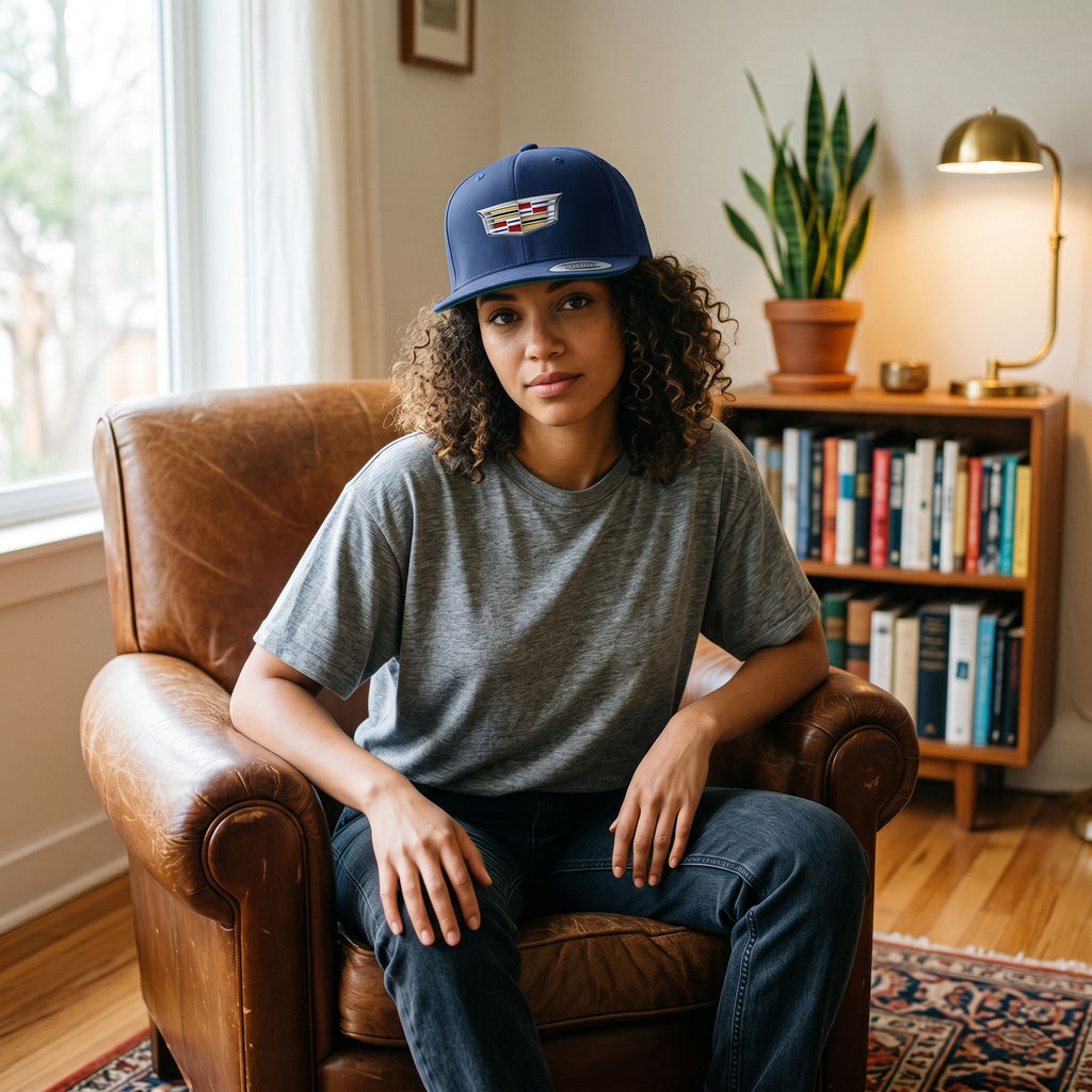 Model wearing Cadillac Car Snapback Hat in a cozy indoor environment, showcasing fit and stylish design with warm-toned decor.