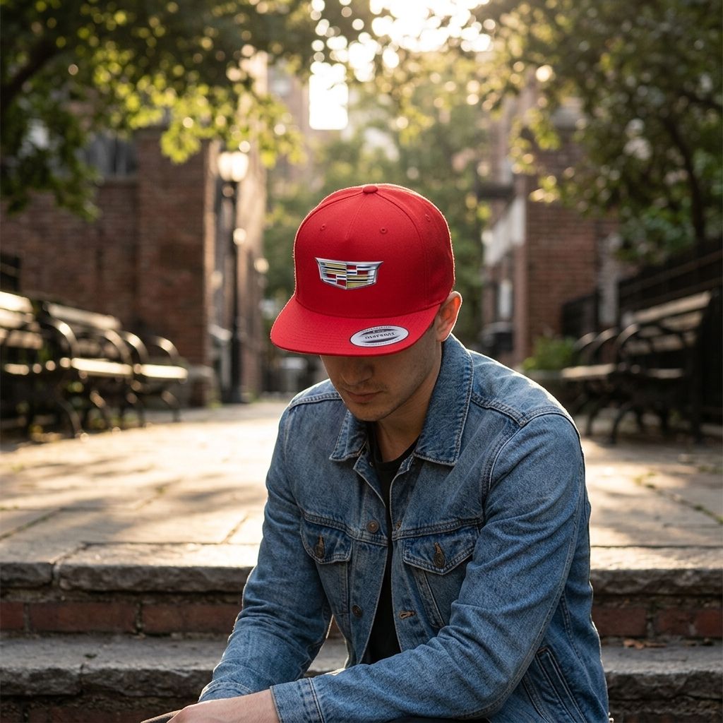 Model wearing Cadillac Car Snapback Hat outdoors with urban backdrop and natural sunlight highlighting the hat.