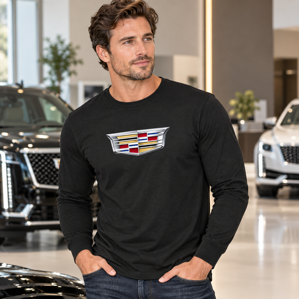 Men’s Cadillac Car Cotton Long Sleeve T-Shirt | Color: Black | Image 3