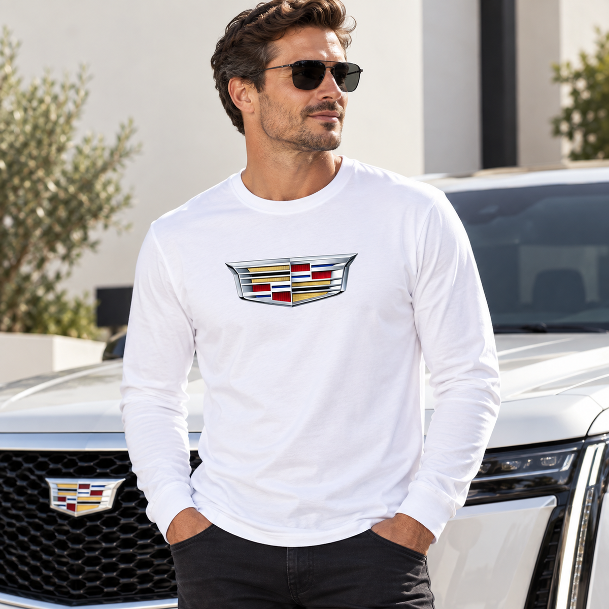 Men’s Cadillac Car Cotton Long Sleeve T-Shirt | Color: White | Image 1