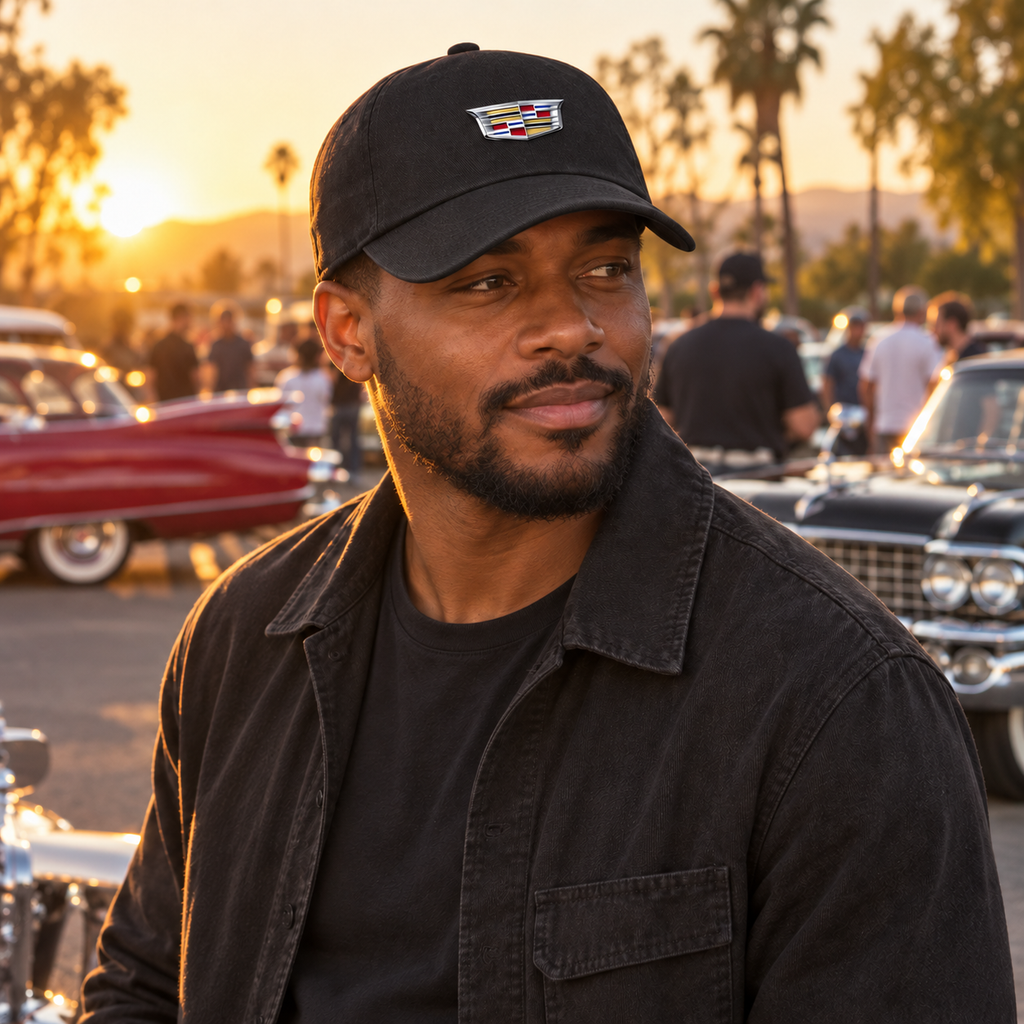 Cadillac Dad Baseball Cap | Color: Black | Image 2 | Car Meet Portrait