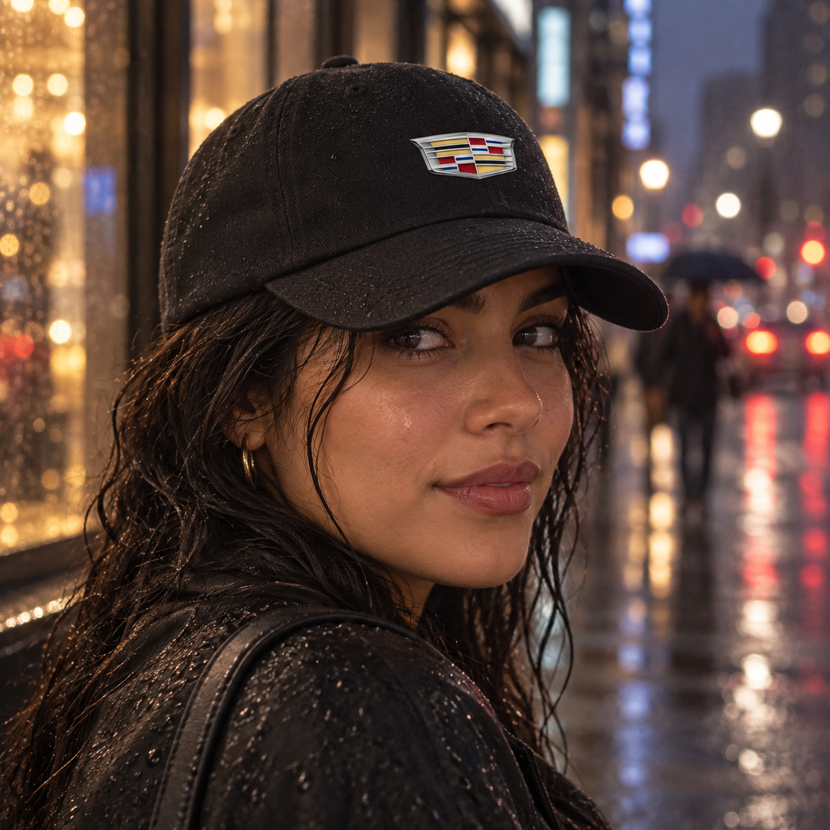 Cadillac Dad Baseball Cap | Color: Black | Image 3 | Rainy Street Portrait