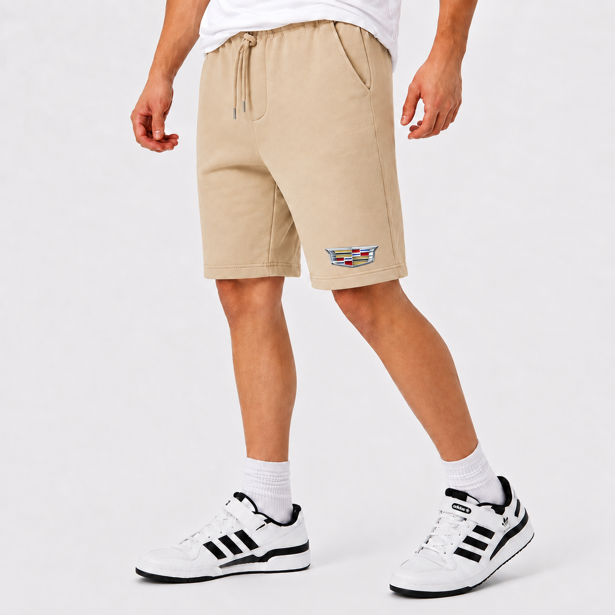Cadillac fleece shorts Beige front logo near left hem