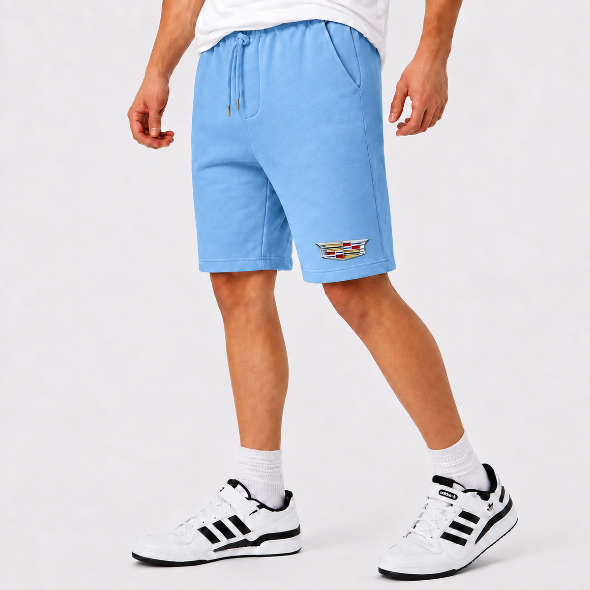 Cadillac fleece shorts Sky Blue front logo near left hem