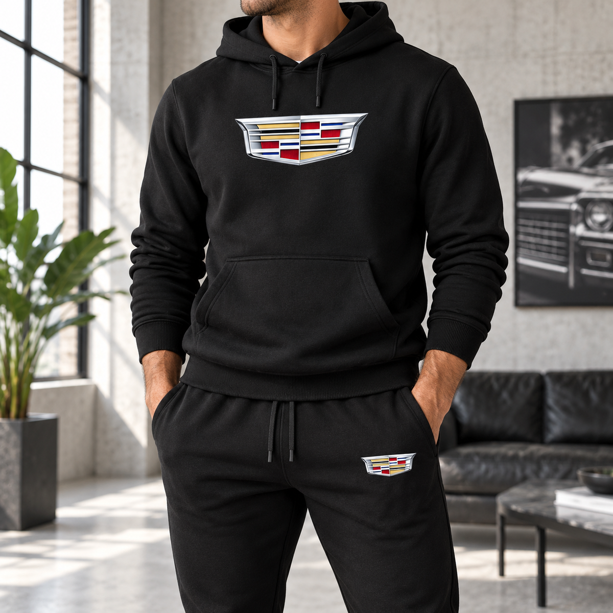 Men’s Cadillac Car Hoodie Joggers Set | Color: Black | Image 2