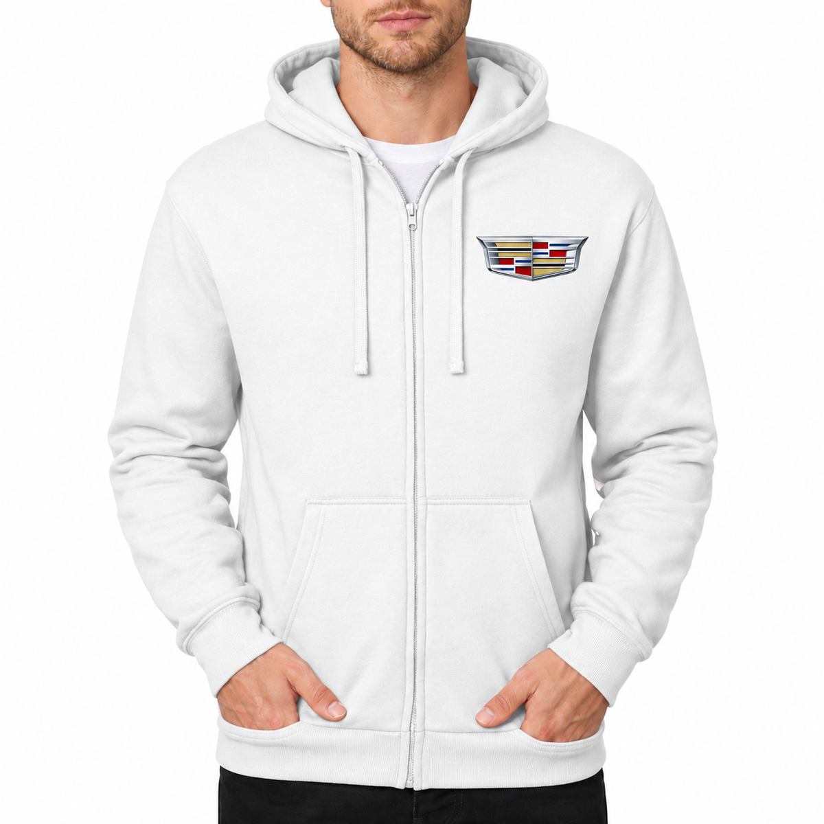 Cadillac White zipper hoodie front left chest heat transfer