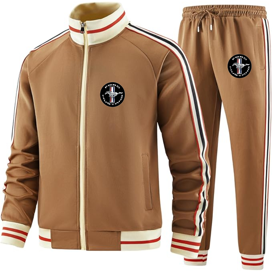 Men's Ford Mustang Motorsport Supercars - Premium Two-Piece Designer Tracksuit with Bold Striped Accents and Zippered Front - Elevated Athletic Wear