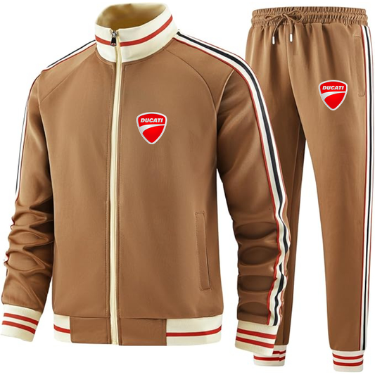 Men's Ducati Motorcycle - Premium Two-Piece Designer Tracksuit with Bold Striped Accents and Zippered Front - Elevated Athletic Wear