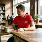 Model seated in a casual lounge wearing Men's Cadillac Car Dry Blend Polo, relaxed style with rolled-up sleeves.