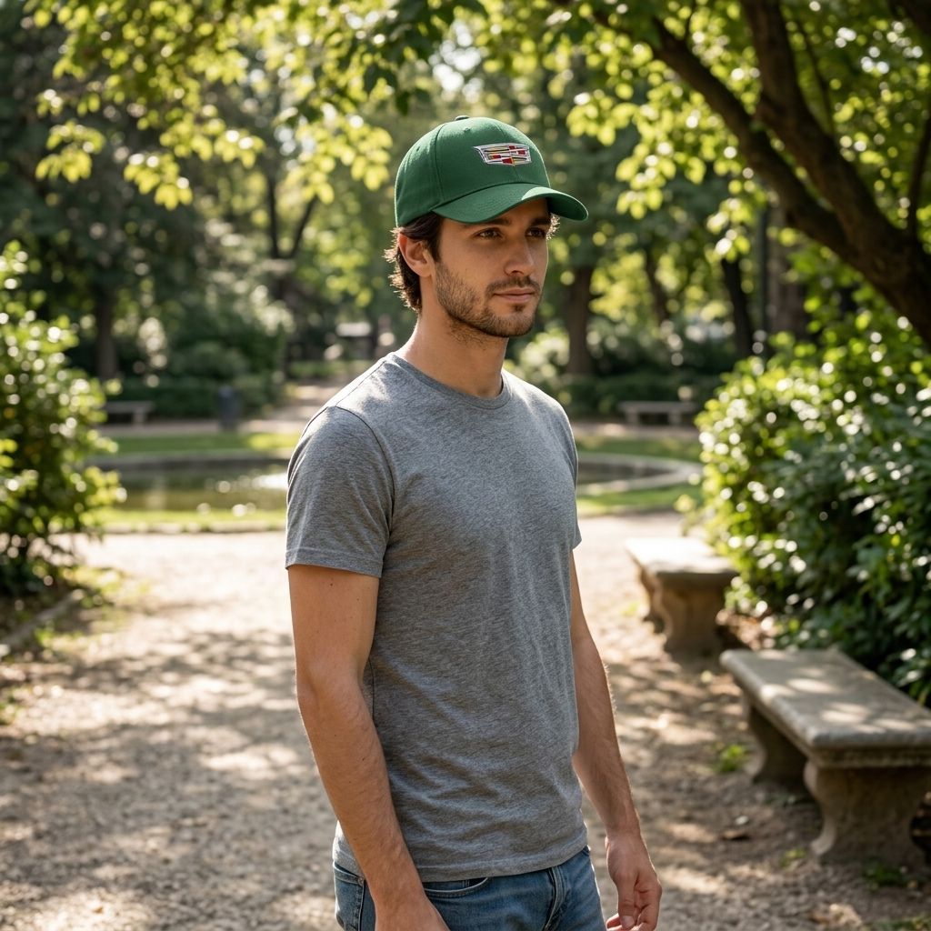 Full-body scene of male model wearing Cadillac Car Dad Baseball Cap in a park, natural sunlight, showing how the small cap fits on the head.