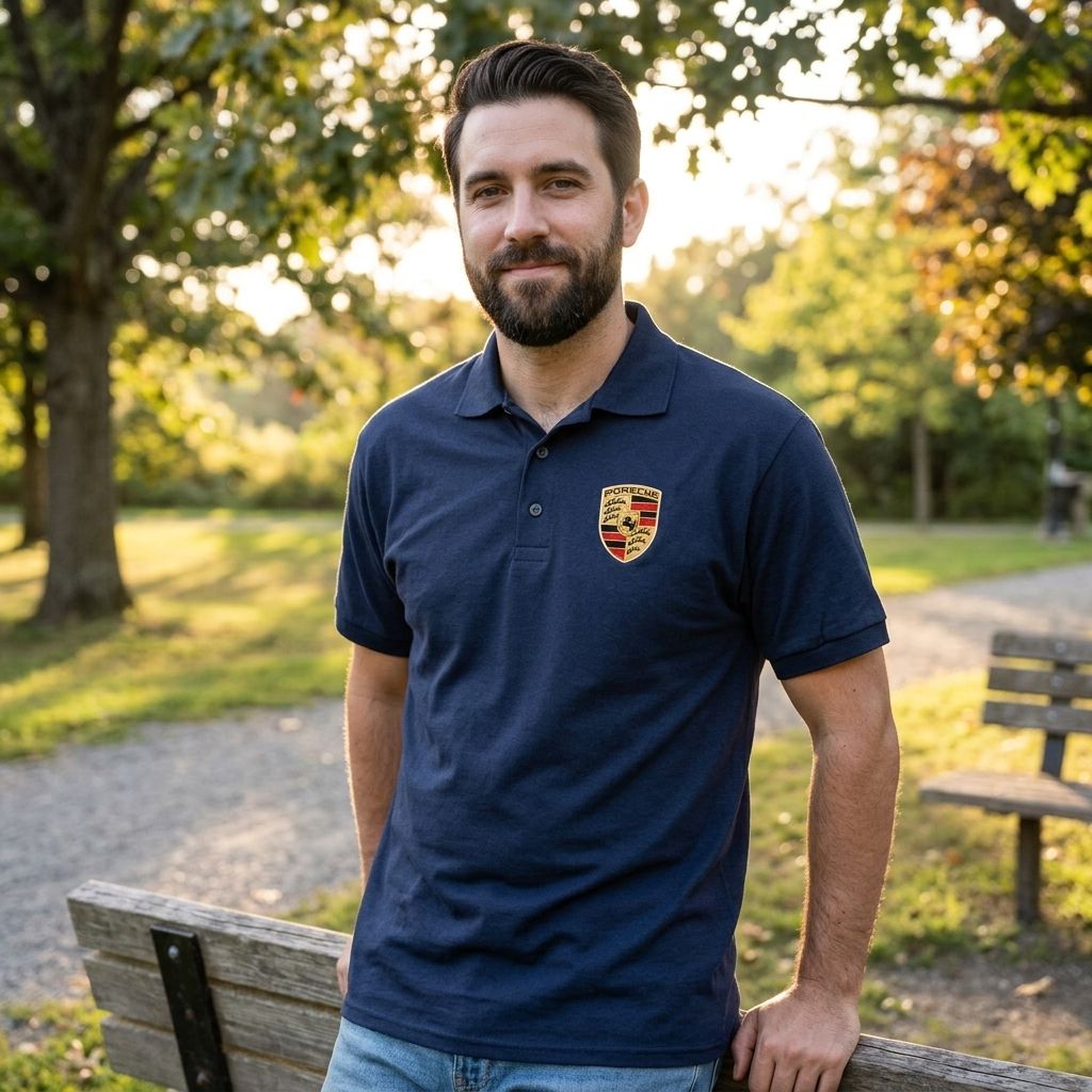 Lifestyle scene of a man in black Porsche Car Dry Blend Polo in a park setting, showing comfort and relaxed fit in warm outdoor light.