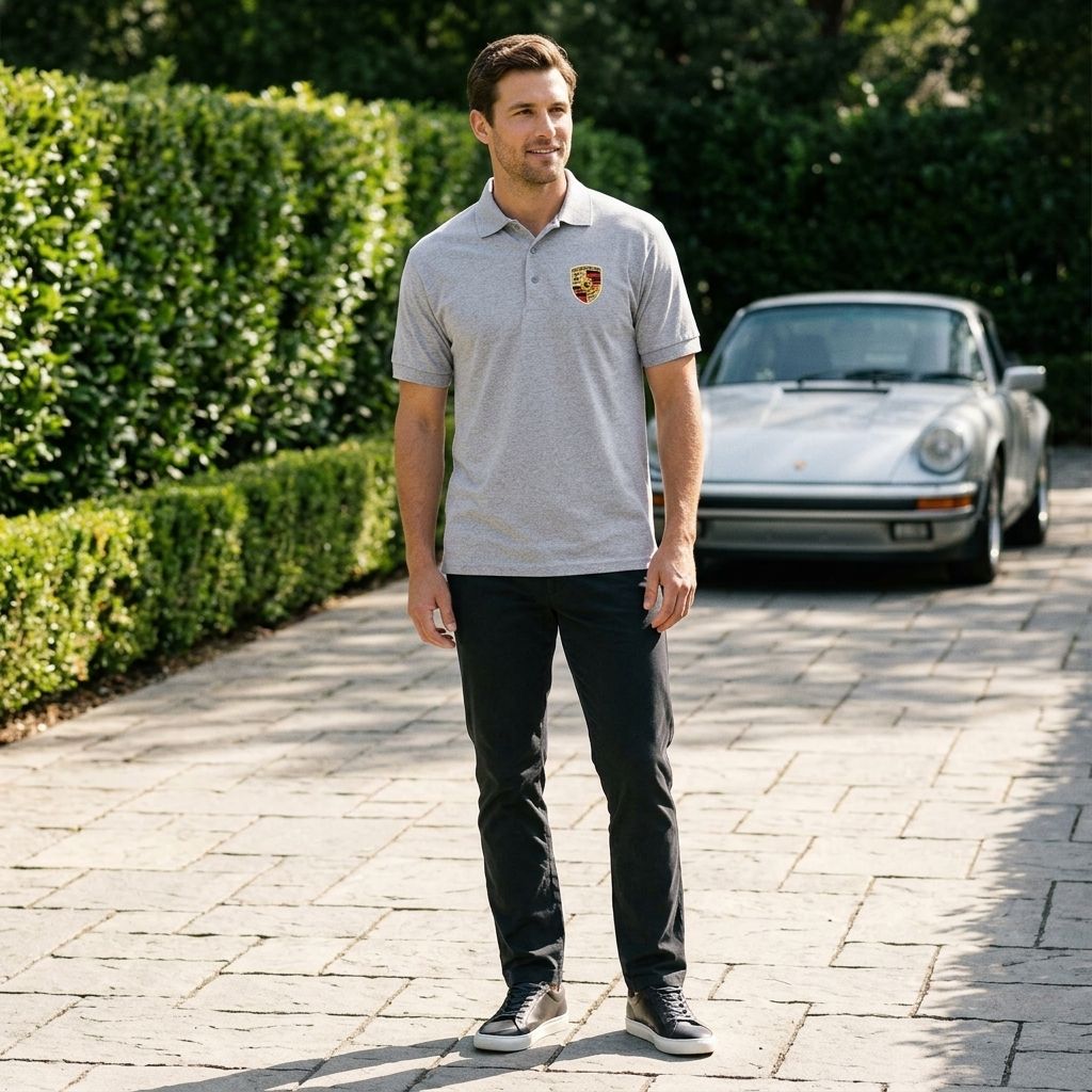 Full-body shot of a man wearing the Porsche Car Dry Blend Polo outdoors, showcasing a casual styled fit with natural greenery in the background.