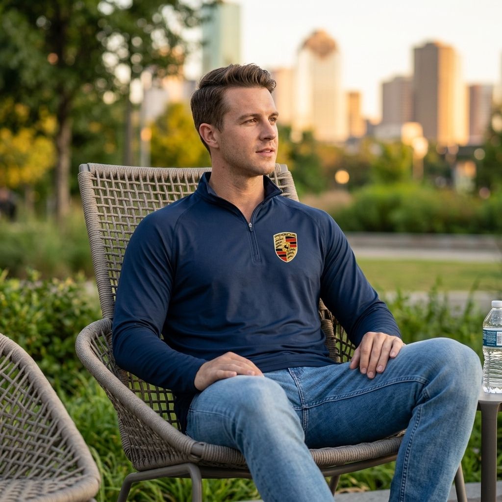 Casual scene of a male model wearing Porsche lightweight athletic shirt sitting outdoors in an urban park during golden hour, emphasizing versatility and athletic fit.