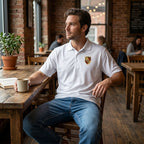 Lifestyle scene of white Porsche polyester polo styled casually with jeans at a coffee shop, emphasizing soft fabric and inviting ambiance.