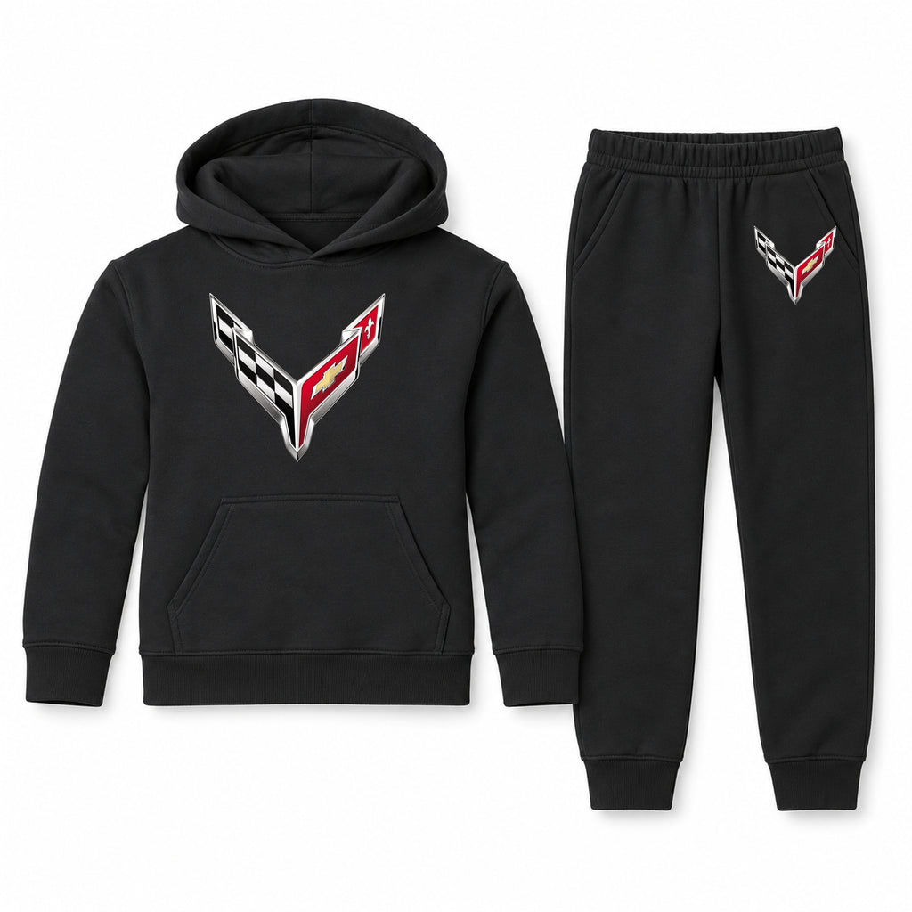 Chevrolet Corvette youth hoodie jogger set, Black, Youth Large ages 10–12