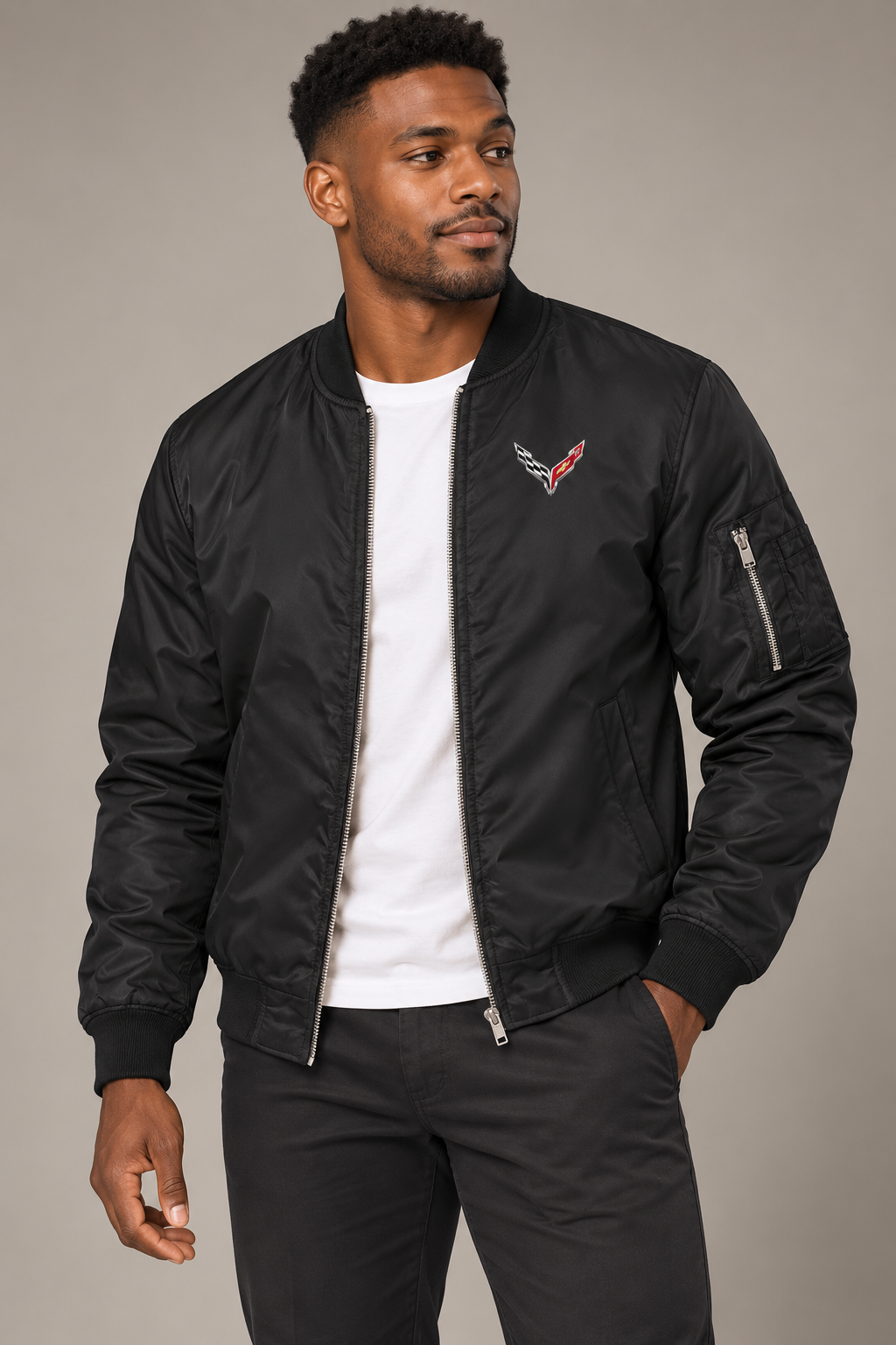 Chevrolet Corvette Bomber Jacket | Color: Black | Image 1 | Studio Model