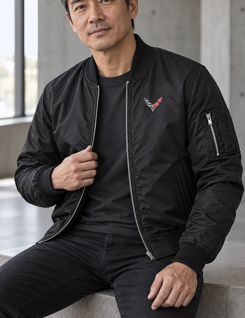 Chevrolet Corvette Bomber Jacket | Color: Black | Image 2 | Garment Detail