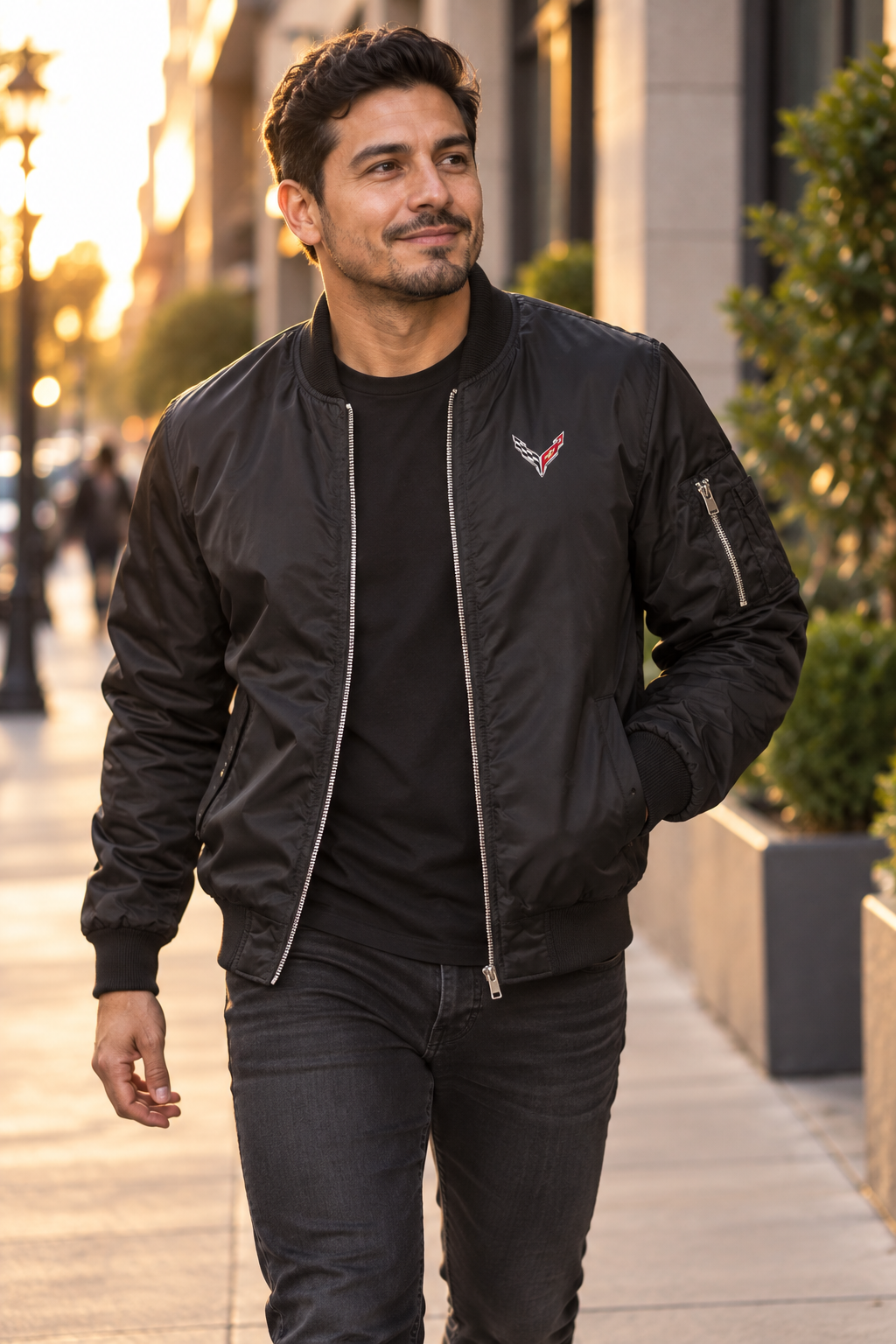 Chevrolet Corvette Bomber Jacket | Color: Black | Image 3 | Lifestyle Portrait